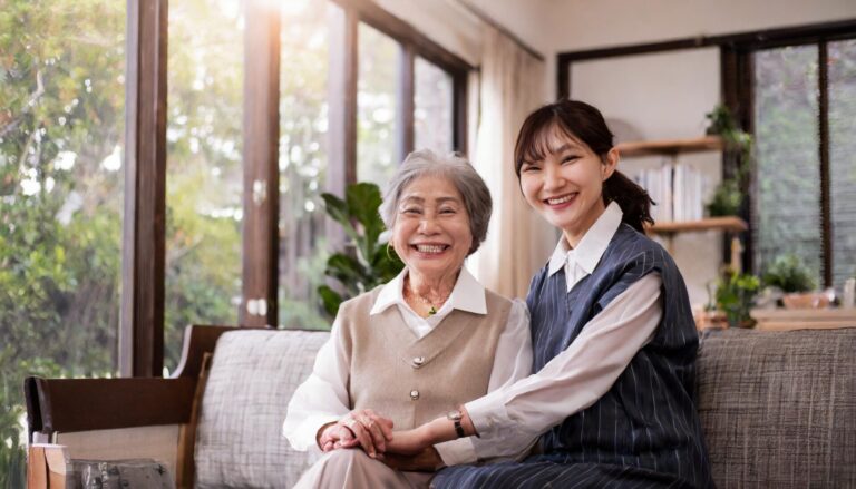 Firefly 女性ケアマネジャーと90歳の女性高齢者。リビングで笑顔、どちらも日本人 30646