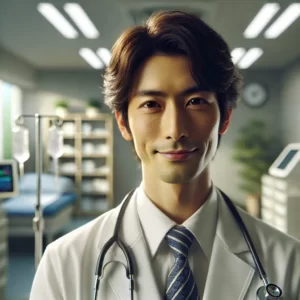 A highly realistic, 8K resolution image of a Japanese internal medicine doctor with a calm, gentle smile. The doctor is dressed in a white lab coat with a stethoscope around their neck, standing in a well-lit, modern clinic. The background features medical equipment and shelves with neatly arranged medical supplies. The doctor's expression is warm and reassuring, making patients feel at ease. The lighting highlights the doctor's facial features, emphasizing their professional yet approachable demeanor.