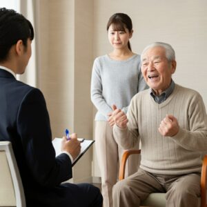 認定調査で元気さをアピールする高齢者