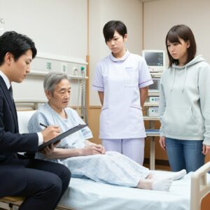 病室での認定調査。立ち会う娘と病棟看護師