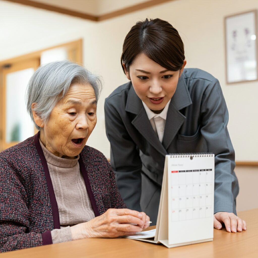 介護保険の認定期間を確認する高齢者とケアマネジャー