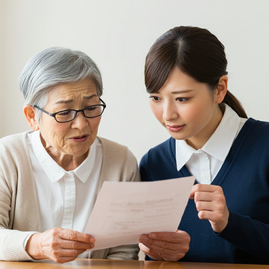 介護保険の認定結果を受け取る高齢者とその娘