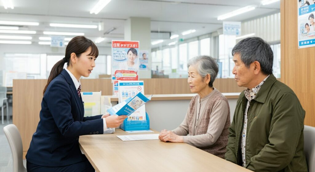 民間介護保険の販売員。高齢者夫婦に保険商品を提案