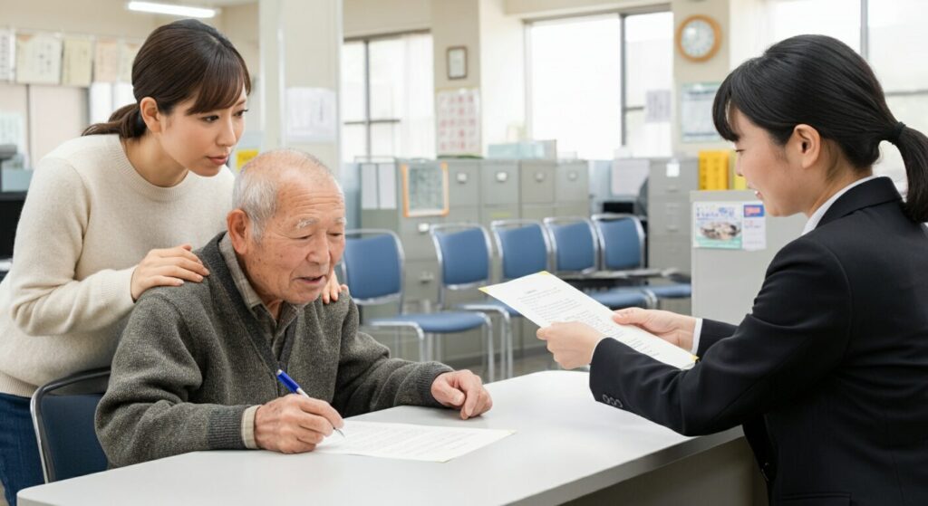 在宅介護の給付金の申請に来る高齢者とその家族